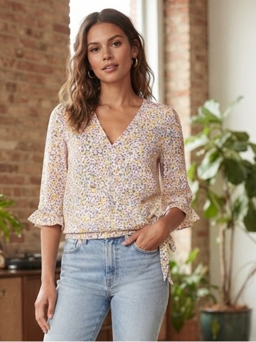 Sienna Sky Floral Blouse Size Medium(Pit to Pit 18.5”to 19”Length 21”)
